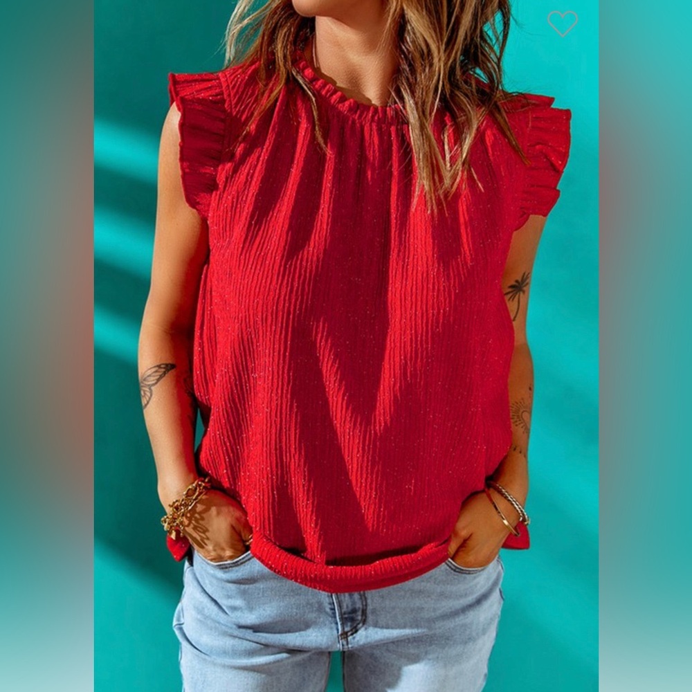 Red Ruffled Shimmer Sleeveless Top